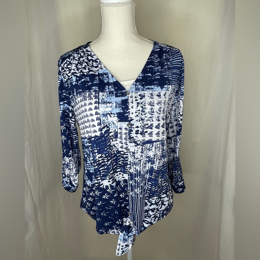 Blue & White V-Neck Tie-Front Printed Blouse by New Direction